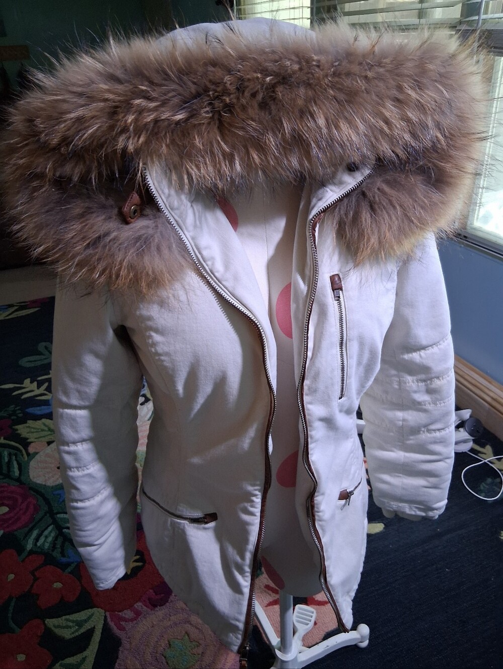 Overlands Women's Cream Parka Coat with Raccoon Fur Trim Size Small